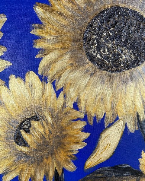 Additional view 2: Contemporary Art Flower Painting Elegant Sunflowers. Blue and Gold Patriotism by painter Yuliya Suhonosova mixed method canvas 