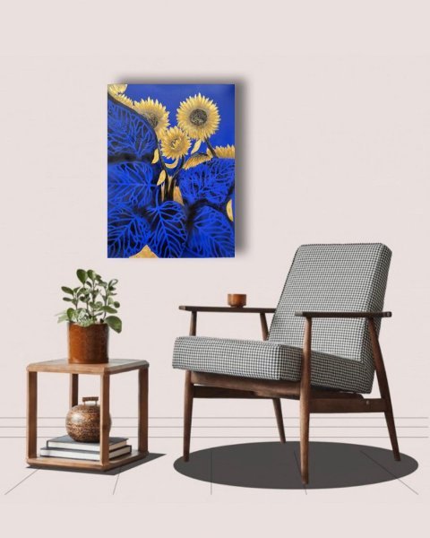 Additional view 3: Contemporary Art Flower Painting Elegant Sunflowers. Blue and Gold Patriotism by painter Yuliya Suhonosova mixed method canvas 