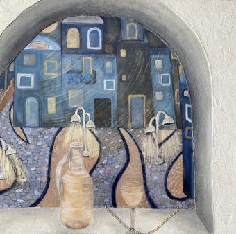 Peinture "Soirée italienne. La lueur bleue de la ville", peintre Yuliya Suhonosova technique mixte toile à la Jose Art Gallery