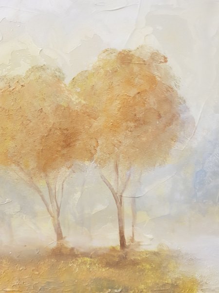 Additional view 1: Figurative Landscape Painting Golden Dawn in Misty Forest by painter Mercedes Gordo oil wood 