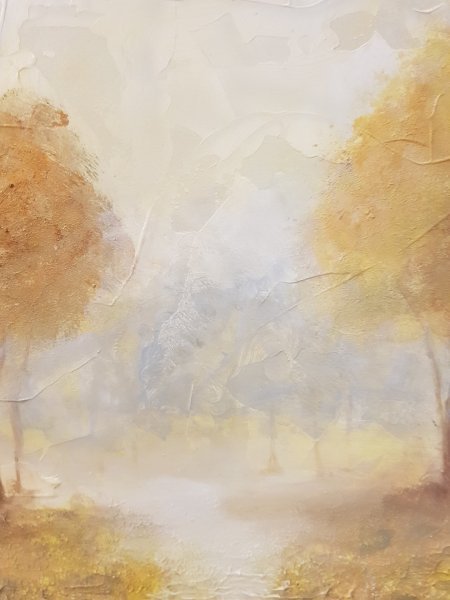Additional view 2: Figurative Landscape Painting Golden Dawn in Misty Forest by painter Mercedes Gordo oil wood 