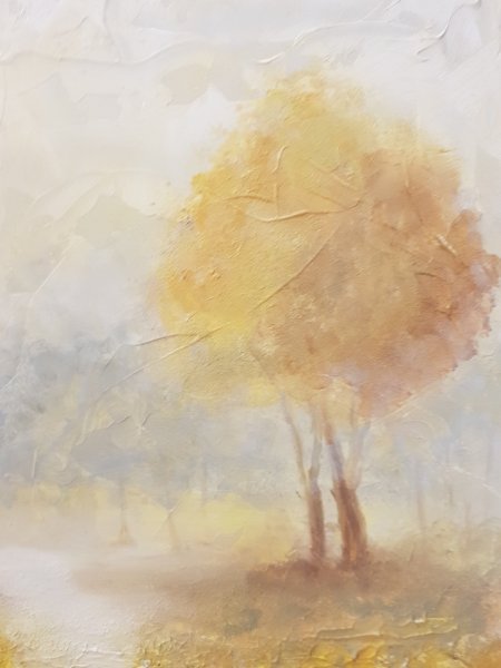 Additional view 3: Figurative Landscape Painting Golden Dawn in Misty Forest by painter Mercedes Gordo oil wood 