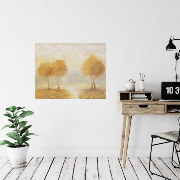 Additional view 5: Figurative Landscape Painting Golden Dawn in Misty Forest by painter Mercedes Gordo oil wood 