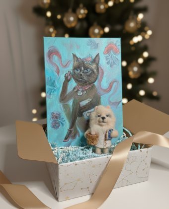 Pintura "Retrato de animal y broche", pintor Violeta Vodyana óleo madera en Jose Art Gallery