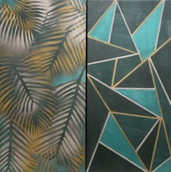 Painting "Leaves and Geometry: A Combination of Emerald and Gold" by painter Yuliya Suhonosova acrylic canvas at Jose Art Gallery