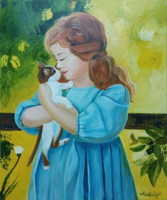 Painting "A girl with a kitten" by painter Maria Light oil canvas at Jose Art Gallery