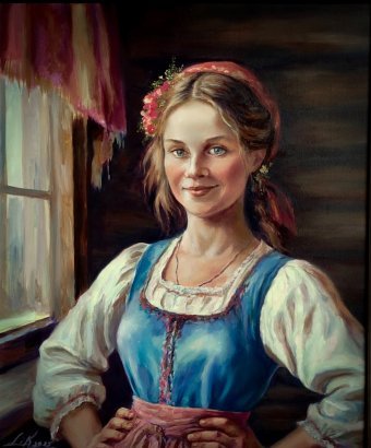 Painting "Village Beauty Pavlinka: An Image of Joy and Love" by painter Liliana Kovhuto oil canvas at Jose Art Gallery