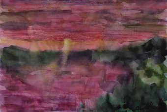 Drawing "Sunset over the Dvina" by illustrator Stanislav Bazylev water colours paper at Jose Art Gallery