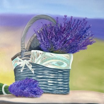 Painting "Lavender Basket" by painter Alina Timoshenko oil canvas at Jose Art Gallery