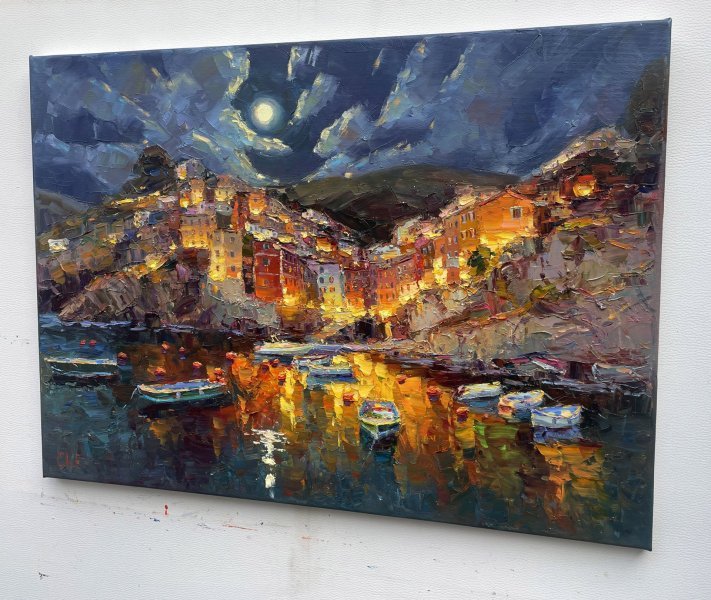 Additional view 2: Impressionism Landscape Painting Night city by painter Yevgeny Chernyakovsky oil canvas 