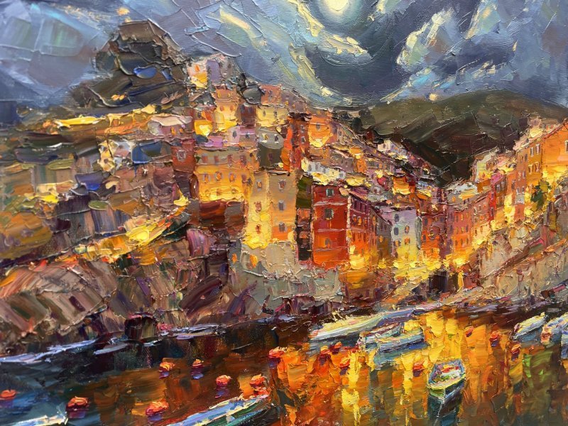 Additional view 4: Impressionism Landscape Painting Night city by painter Yevgeny Chernyakovsky oil canvas 