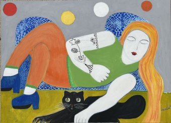 Painting "Woman lying down with a black cat: Serenity and mystery" by painter Mariam Mouliets acrylic canvas at Jose Art Gallery
