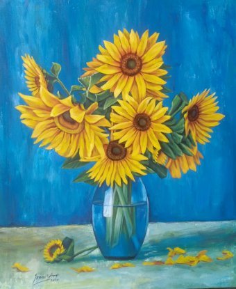 Painting "Sunflowers in a Blue Vase" by painter Isaac Opoku Badu acrylic canvas at Jose Art Gallery