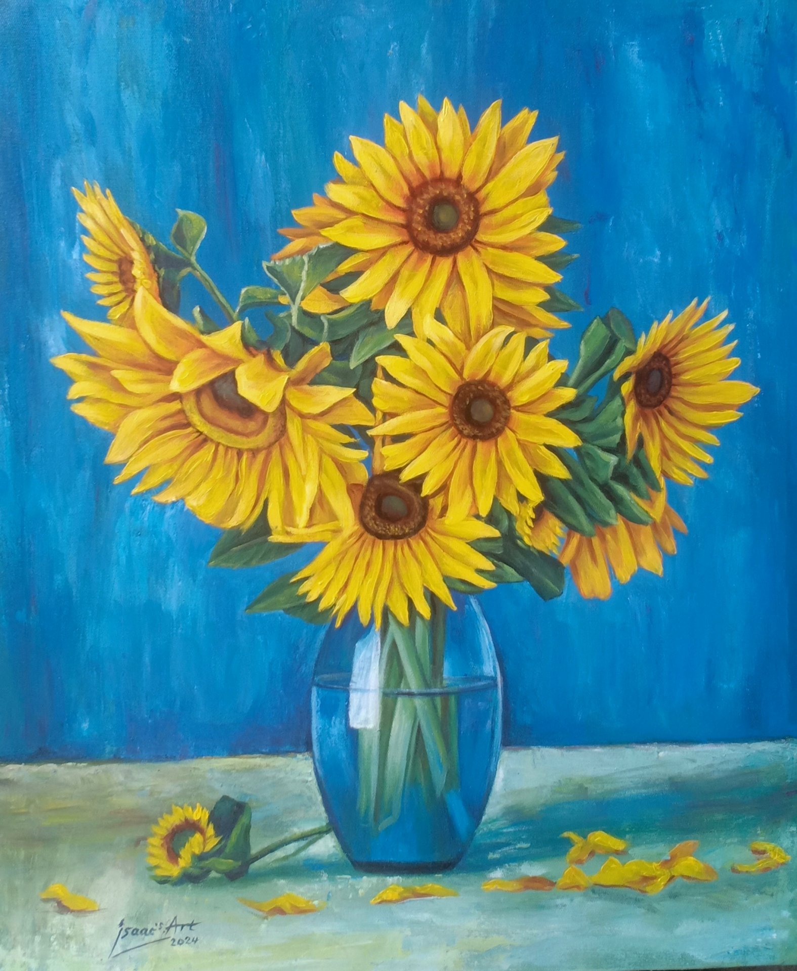 Sunflowers in a Blue Vase Painting by Isaac Opoku Badu