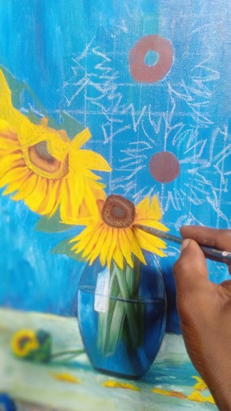 Sunflowers in a Blue Vase Painting by Isaac Opoku Badu