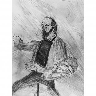 Kohlezeichnung des Künstlerateliers 2024