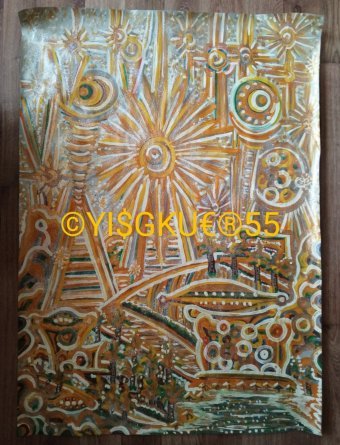 Pittura "55 GOD EDEMS TOWN/CITY IN UN", pittore Yaroslav Stratyy tecnica mista carta alla Jose Art Gallery