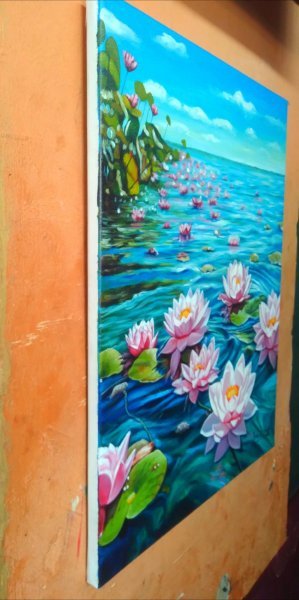 Additional view 1: Fine Art Flower Painting Serene Water Lilies in Bloom by painter Isaac Opoku Badu acrylic canvas 