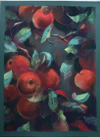 Графика "Яблоки в красном", иллюстратор Guseva K. пастель бумага в Jose Art Gallery