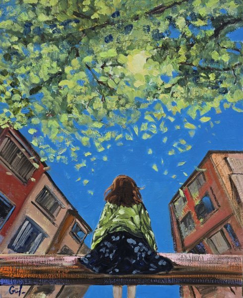 Additional view 5: Conceptual Cityscapes Painting Embrace of the Sun by painter Gulshaba Abbasova oil canvas 