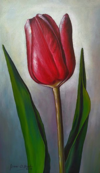 Painting "Red Tulip Bloom" by painter Isaac Opoku Badu acrylic canvas at Jose Art Gallery