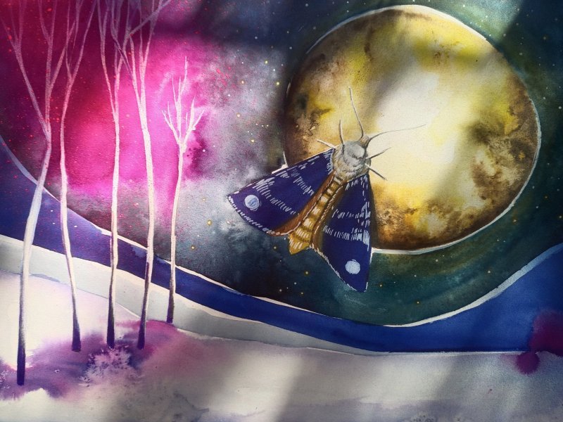 Additional view 8: Surrealism Landscape Painting Into the Moonlight by painter Evgenia Smirnova watercolor paper 