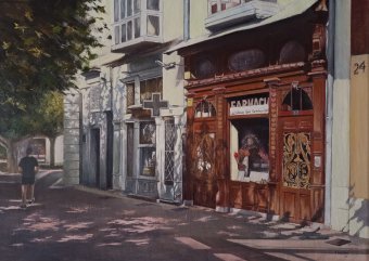 Pittura "Farmacia Espolón-Burgos", pittore TOMAS CASTANO olio tela alla Jose Art Gallery