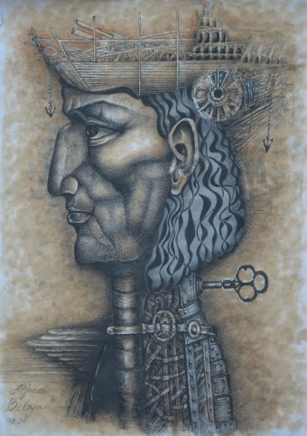 Desenho "Perfil do mecanismo: Chave Surreal", ilustrador Aljona Frantaseva (Belaja) tinta papel na Jose Art Gallery