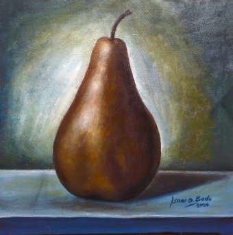 Painting "Lone Pear on a Table" by painter Isaac Opoku Badu acrylic canvas at Jose Art Gallery