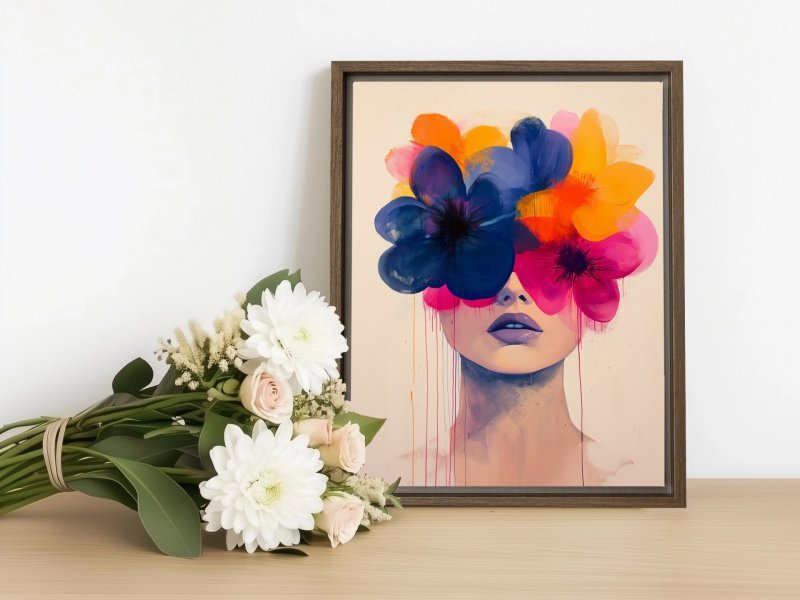 Additional view 1: Fine Art Portrait Painting Silent Bloom: Vibrant Abstract Portrait by painter Tatiana Taner ink paper 