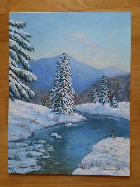 Winter Mountain Serenity Snow Scene Painting by Elena Anufriyeva
