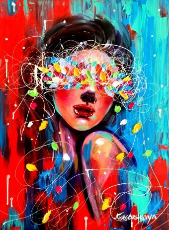 Painting "Dreaming - colorful portrait" by painter Aliaksandra Tsesarskaya acrylic canvas at Jose Art Gallery