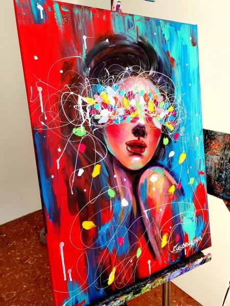 Additional view 1: Pop Art Portrait Painting Dreaming - colorful portrait by painter Aliaksandra Tsesarskaya acrylic canvas 