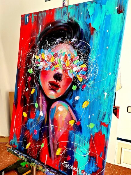 Additional view 2: Pop Art Portrait Painting Dreaming - colorful portrait by painter Aliaksandra Tsesarskaya acrylic canvas 