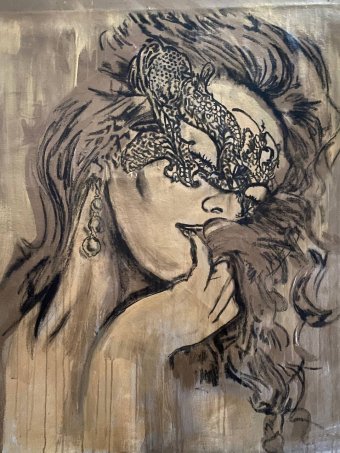 Painting "Veiled Power of the Secret Woman" by painter Oksana Almiz coal canvas at Jose Art Gallery
