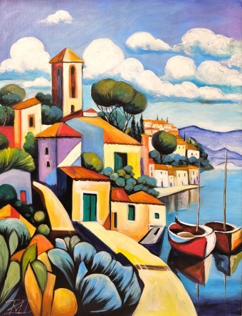Painting "French Riviera-Saint Tropez" by painter Denis Mihai acrylic canvas at Jose Art Gallery