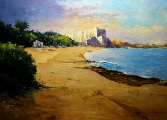 Pittura "Spiagge e alberi: la costa di Orihuela", pittore Vicent Penya-Roja olio tela alla Jose Art Gallery