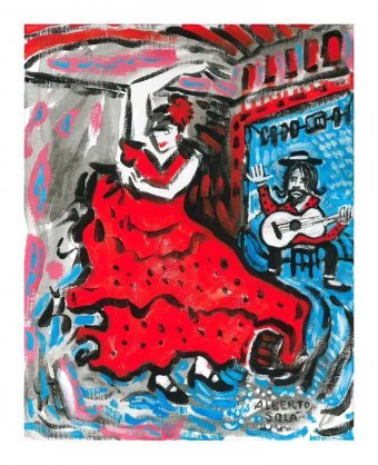 Painting "The flamenco dancer and the guitarist" by painter Alberto Padilla acrylic canvas at Jose Art Gallery