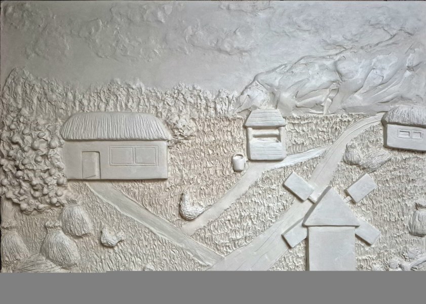 Additional view 2: Realism Landscape Painting Volumetric village life in bas-relief by painter Yuliya Suhonosova mixed method wood 