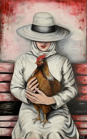 Peinture "Femme avec une poule. Fertilité", peintre Elena Kalmyk acrylique bois à la Jose Art Gallery