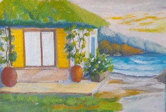 Malarstwo "Rural House by the Sea with Waves and Calls", malarz Fa Ley akryl papier w Jose Art Gallery