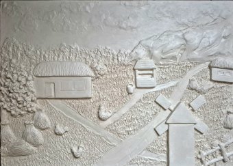 Painting "Volumetric village life in bas-relief" by painter Yuliya Suhonosova mixed method wood at Jose Art Gallery
