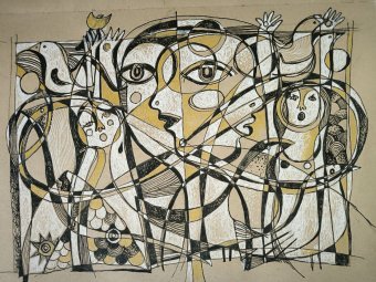 Desenho "Humor Triste: Reflexões Internas e Externas", ilustrador Katerina Sapozhkova tinta papel vegetal na Jose Art Gallery