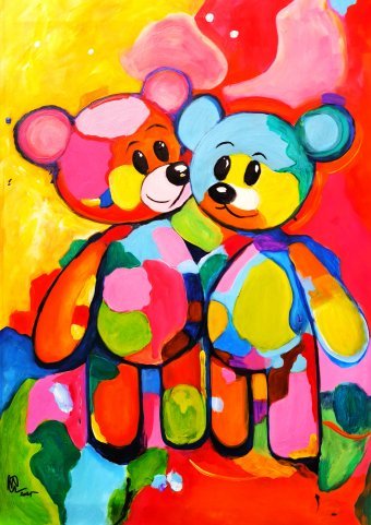 Painting "Happy Teddy Bears" by painter Denis Mihai acrylic canvas at Jose Art Gallery