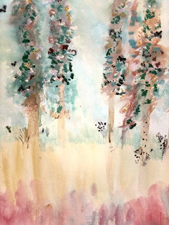 Malarstwo "Leśny świt. Abstrakcja natury i światła", malarz M.E.G akwarela papier w Jose Art Gallery