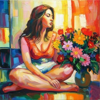 Peinture "Jeune fille méditant parmi les fleurs", peintre Selena Sashina huile toile à la Jose Art Gallery