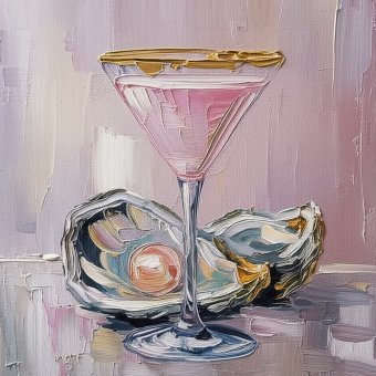 Painting "Martini glass, Oysters, Pearls" by painter Selena Sashina oil canvas at Jose Art Gallery