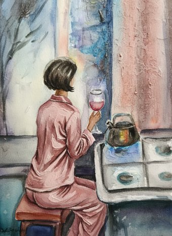 Peinture "Femme en pyjama de soie", peintre Selena Sashina huile toile à la Jose Art Gallery