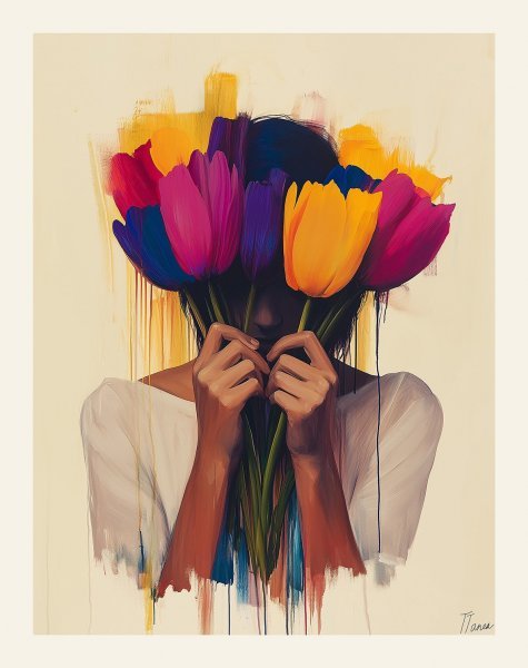 Additional view 1: Modern Portrait Painting Silence Wearing Flowers: Emotional Portrait by painter Tatiana Taner ink canvas 