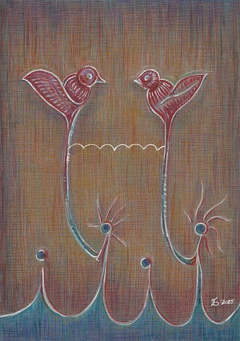 Drawing "The Birds - The Hearts" by illustrator Ewa Dura crayons paper at Jose Art Gallery